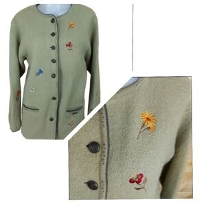 GADDY Boiled Wool Handmade Sweater Cardigan Jacket Flowers Embroidery Size M